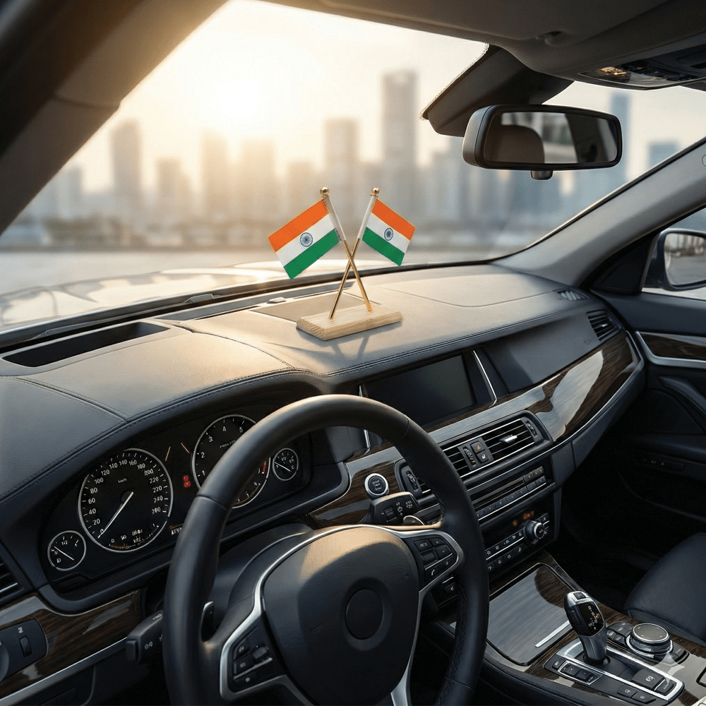 Premium Indian National Flag for Car Dashboard & Office Table - INDIA_FLAG_WOODGOLD