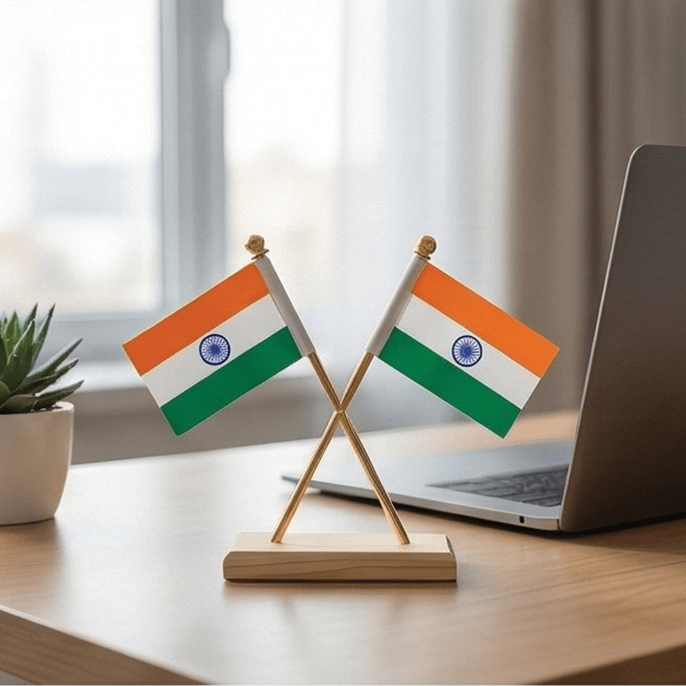 Premium Indian National Flag for Car Dashboard & Office Table - INDIA_FLAG_WOODGOLD