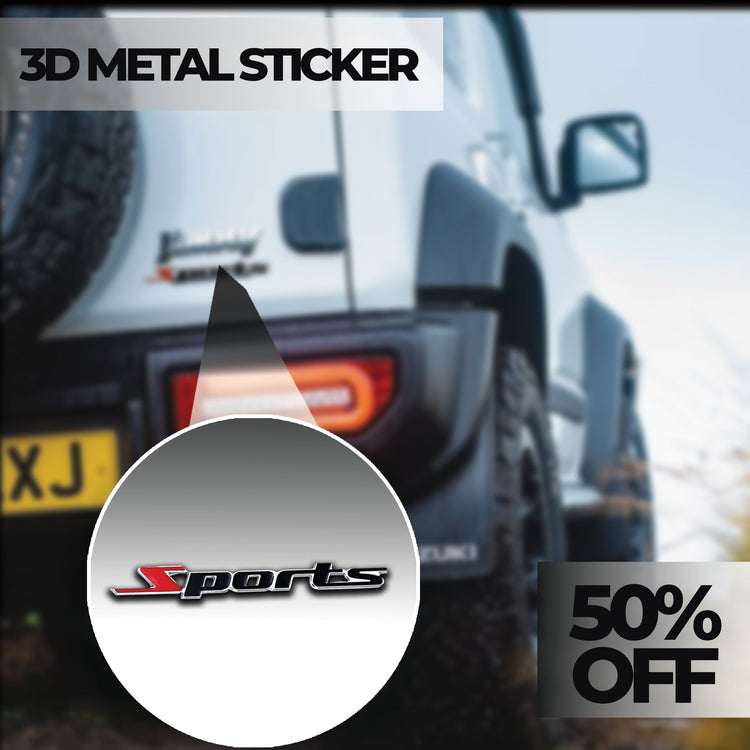 Sports 3D Metal Logo Car Badge Emblem | 13cm x 1.9cm | All Vehicle Exterior Decorative Logo, Self - Adhesive - STICKER_SPORTS_BLK_RED