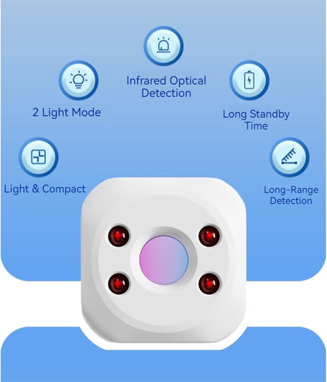 Hidden camera detector gadget portable anti-spy device for finding hidden cameras and surveillance equipment privacy protection tool privacy protection tool for detecting concealed cameras in hotels or changing rooms Close-up of hidden camera finder gadget ens detector and LED indicators includes rechargeable battery and travel-friendly case